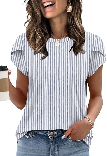 Blouses for Women Buinsess Casual Outfits Spring Tops Womens Clothes Trendy 2026 T Shirts for Women Dressy Tops Cap Sleeve Vacation Outfts Blue Stripes S