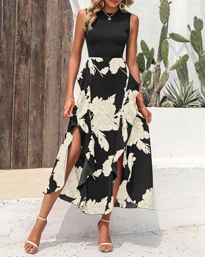 Sleeveless Floral Boho Ruffle Midi Dress for Women