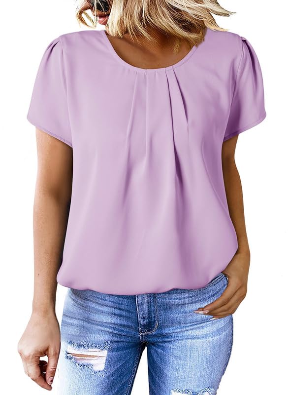 Polyester Blouses - Women's Chiffon Blouse Short Sleeve Pleated Top with Keyhole Back Detail