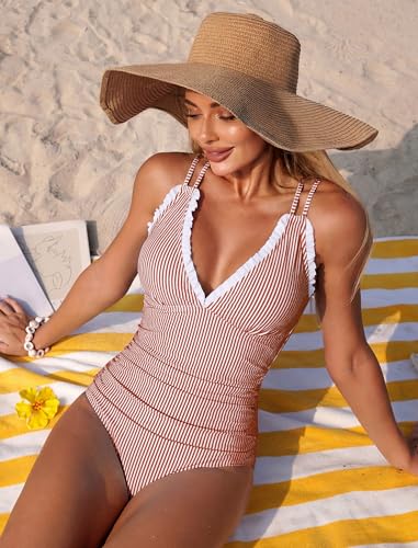 ZAFUL Womens Tankini Bathing Suits Modest Two Piece Swimsuit Smocked Push Up Slimming Tankinis with High Waisted Full Coverage Bottom Adjustable Straps Ruched Tummy Control Swimwear Red Striped L