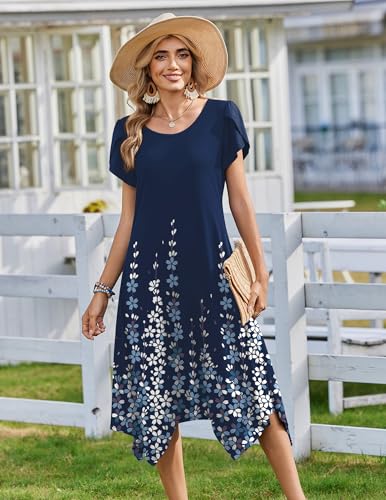 Zeagoo Summer Dresses for Women 2026 Vacation Long Flowy Dresses for Women Casual Summer Dress Floral Midi Sundress with Pockets Navy Floral XL