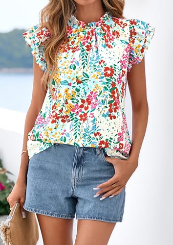 PRETTYGARDEN Women's Ruffle Short Sleeve Summer Tops 2026 Trendy Floral Trim Neck Casual Dressy Chiffon Boho Blouses Shirts(Floral White Multicolored, M)