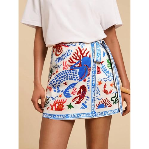 Keeliya Womens Wrap Mini Skirt Boho Floral Printed Knot Side High Waist A Line Casual Summer Beach Short Skirt Sky Blue