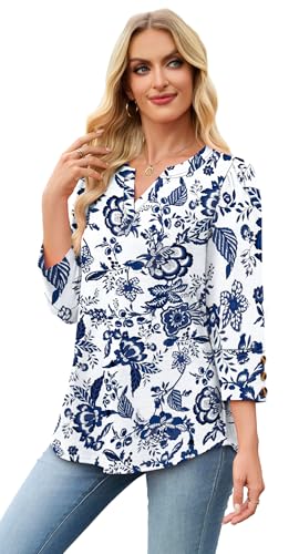 Boho Tops for Women 3/4 Length Sleeve Womens Tops Blouses Dressy Casual Early Fall Fashion 2026 Spring Outfits for Teachers Plus Size Summer Women's Clothing Trendy Fall Clothes Blue Floral 2XL