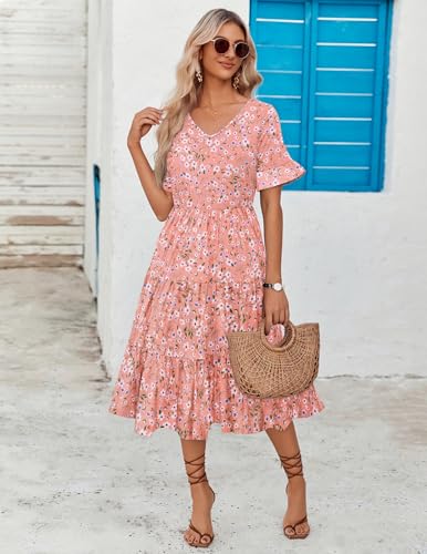 Zeagoo Women's Summer Flowy Midi Dress Casual Ruffle Sleeve V Neck Beach Dress Tiered Floral Flowy Beach Dress