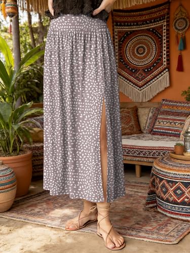ANRABESS Women's Maxi Skirts, Soft Flowy Boho Floral, Long Casual Side Slit Skirt, Perfect for Beach, Vacation & Summer Gray Khaki Polka Dot Medium