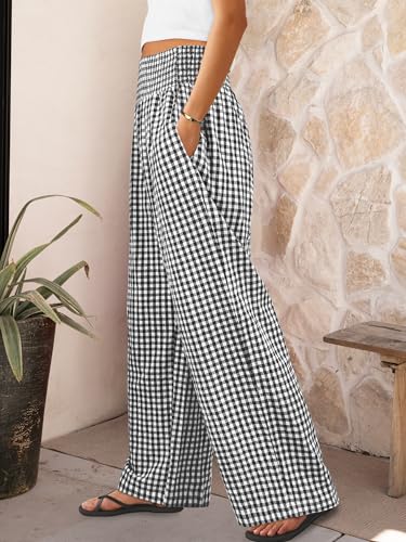 ANRABESS Womens Palazzo Pants, Striped & Gingham, Lounge & Casual, Cute Pajama Pants, Wide Leg, High Waisted, Pockets Black White Plaid Large