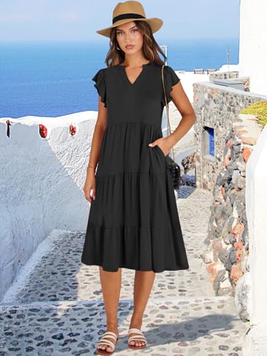 ANRABESS Womens Summer Dress Ruffle Sleeve V Neck Midi Dresses Fashion Casual Fit Flowy Tiered Boho Beach Vacation Sundress Black-M