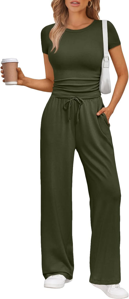 Women's 2 Piece Matching Sweatsuit Wide Leg Pants Crop Top Set