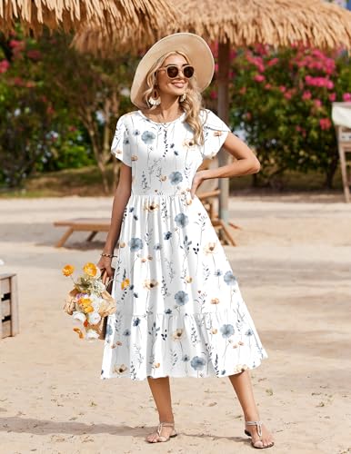 Zeagoo Tee Shirt Dress for Women Summer Short Sleeve Tiered Midi Dresses Boho A Line Casual Loose Sundress with Pockets Shift Crew Neck Dress White Floral L