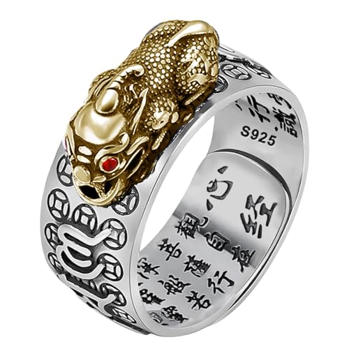 HJ HUAJ 925 Sterling Silver Feng Shui PiXiu Adjustable Ring MANI Mantra Protection Wealth Ring