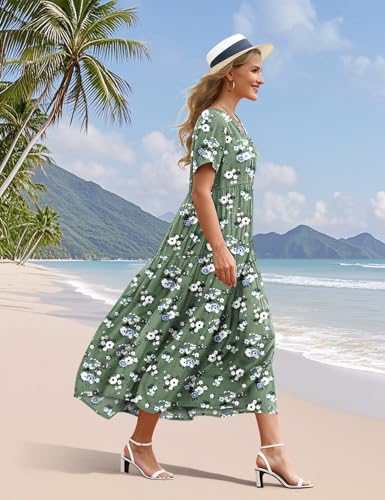 YESNO Women's Summer Maxi Dresses Casual Floral Short Sleeve V Neck Boho Beach Vacation Swing Dress with Pockets 2XL EVF CR469