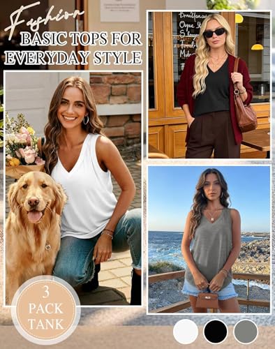 KKJ 3 Pack Womens Tank Tops 2026 Spring Summer Vacation Outfits V Neck Loose Sleeveless Blouse Casual Shirts Fashion Clothes Black/White/Grey