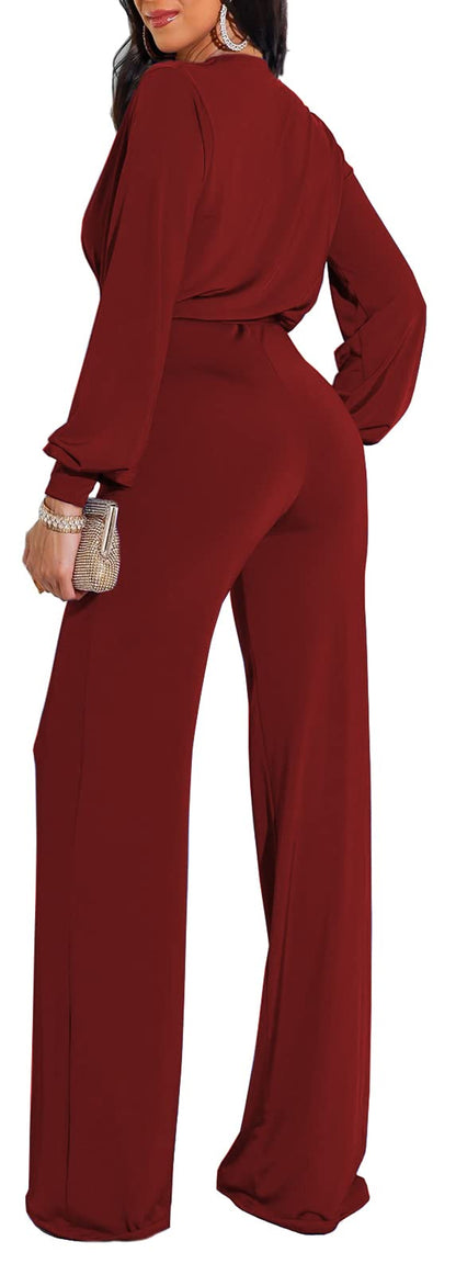 shengfan Formal Jumpsuits for Women Dressy Evening Sexy Deep V Neck Plus Size Long Wide Leg Pants Rompers Clubwear
