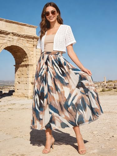 Kingfancy Women's Pleated Skirt Chiffon Elastic Waist A-Line Midi Length Skirt Blue Leaves M