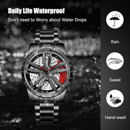 RORIOS Car Hub Design Watch Men’s Analogue Quartz Watches 3ATM Waterproof Wrist Watch Fashion Cool Watch for Men with Stainless Steel Strap