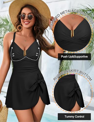 Blooming Jelly Womens Tummy Control One Piece Swimsuits Criss Cross Push Up Bathing Suits U-Wire Ruched Swim Dress 2026 (XL,Black)