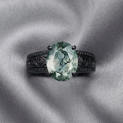 QHQPQ Mens Wedding Band 10K Gold Black Moss Agate Ring 925 Sterling Silver Moss Agate Engagement Ring Gothic Rings Birthday Christmas Gift for Boyfriend Father