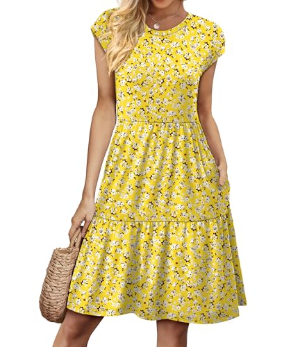 Spring Dresses for Women Summer Dresses for Women 2026 Beach Vacation 2026 Sundresses Floral Boho Dress Cap Sleeve Travel Outfits Hawaiian Graduation Midi Dress Yellow White Beach M