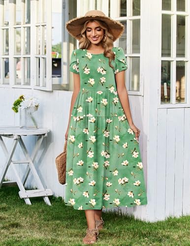 Zeagoo Summer Dresses for Women 2026 Casual Loose Bohemian Floral Dress A Line Flowy Maxi Dress Green Floral M
