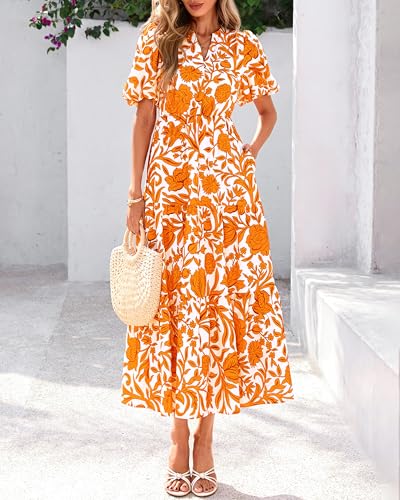 dowerme Womens Summer Dresses 2026 Casual Puff Short Sleeve V Neck Floral Boho Tiered Ruffle Maxi Dress with Pockets(White Orange Yellow,Large)