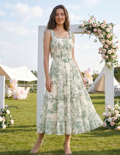 Women Summer Dresses 2026 Sundresses Sleeveless Midi Flowy Floral Dress Green L