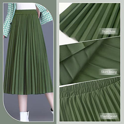 Basoteeuo Green Pleated Skirt for Women Midi Length Summer High Waisted A Line Elastic Waist Skirts S