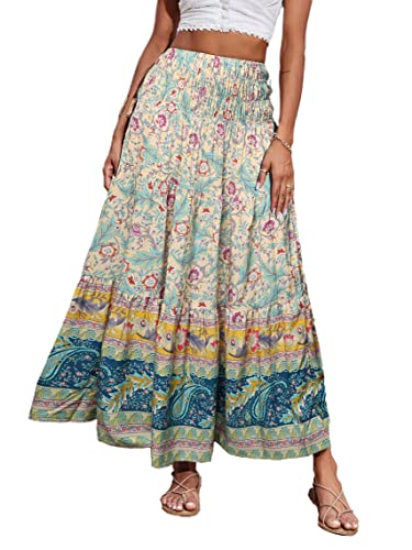 CFLONGE Summer Maxi Skirts for Women 2025 Fashion Boho Long Skirt Trendy Floral High Waist A Line Beach Skirt Vacation Outfit(Apricot,Small)