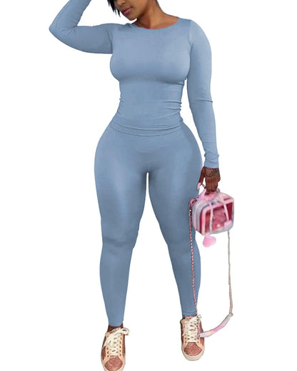 Chrome Heart Leggings - 2 Piece Tracksuit for Women - Long Sleeve Top & Jogger Leggings Workout Set Grey Blue