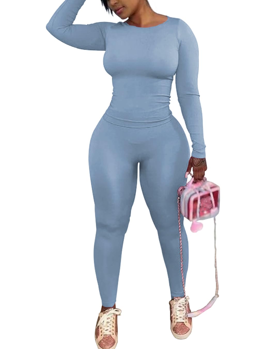 Chrome Heart Leggings - 2 Piece Tracksuit for Women - Long Sleeve Top & Jogger Leggings Workout Set Grey Blue