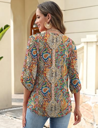 Kistore Boho Tops for Women Going Out 3/4 Sleeve Blouses Dressy Casual V Neck Spring Flowy Shirts Colorful Floral M