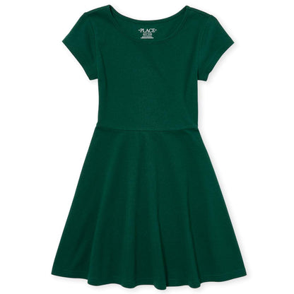 Girls Short Sleeve Skater Dress Round Neck Casual Summer Dress