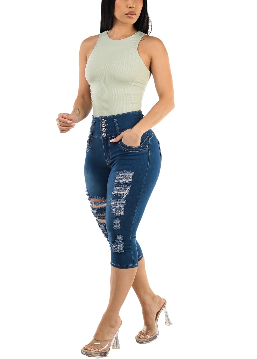 Butt Lifting Denim Capris for Women - High Waisted Stretch Levanta Cola Capris