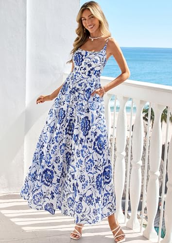 PRETTYGARDEN Womens 2026 Spring Boho Maxi Dress Eyelet Floral Long Flowy Sundresses Summer Beach Vacation Clothes (Floral White Blue,Medium)