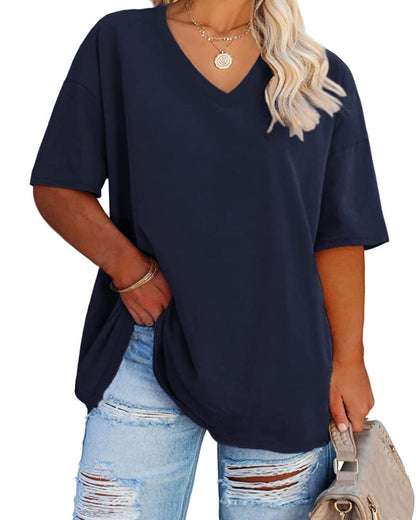 Cato Fashions Online - Women's Plus Size V-Neck Cotton T-Shirts - Summer Half Sleeve Casual Loose Fit Tunic Tops Navy Blue