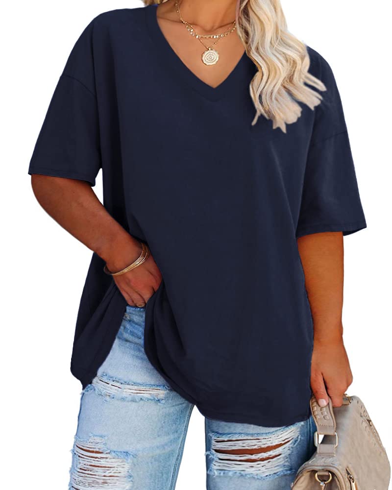 Cato Fashions Online - Women's Plus Size V-Neck Cotton T-Shirts - Summer Half Sleeve Casual Loose Fit Tunic Tops Navy Blue