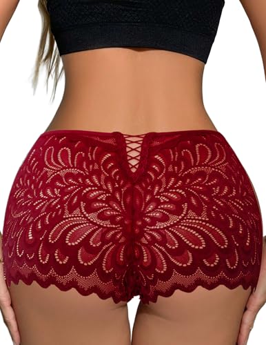 Avidlove Lace Underwear for Women Sexy Boyshorts Panties Full Coverage Cheeky Boxer Briefs Wine Red S