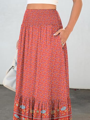 ANRABESS Maxi Skirts for Women 2026 Summer Boho Long Flowy Floral Elastic High Waist Skirt Casual Travel Skirt with Pockets Red Blue Floral Medium