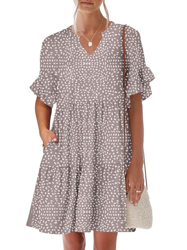 ANRABESS Women's Summer Casual Dress, V-Neck Ruffle Sleeve Tiered Mini Dress, Soft Comfy Fabric with Pockets for All-Day Wear Khaki Polka Dot Large