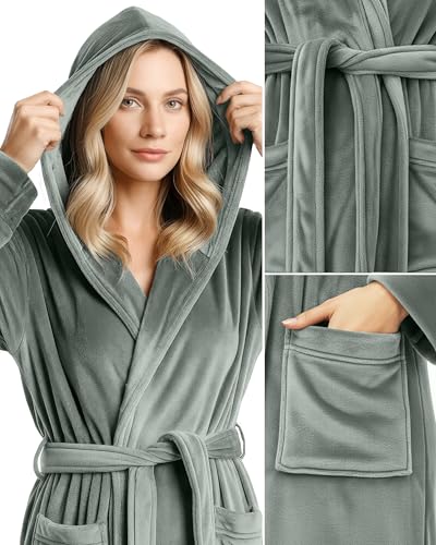 NY Threads Premium Womens Robe with Hood, Plush Fleece Long Bath Robe for Women, Fluffy Soft Women's Bathrobe, Medium, Steel Grey