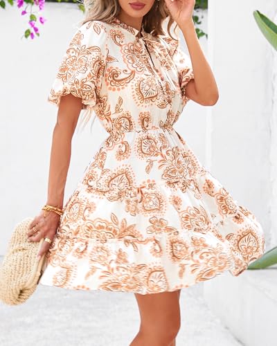 BTFBM Women Summer Floral Short Dresses V Neck Short Sleeve Tiered Ruffle Boho Swing Dress A-Line Mini Dresses(White Apricot Floral,Large)
