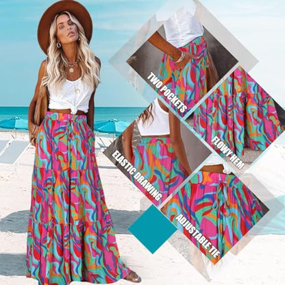 Trendy Lightweight Drawstring Tiered Ruffles Paisley Hippie Plus Size Bohemian Long Maxi Skirt with Deep Pockets Office Music Festival Travel Picnic Dating Fall Outfits Multicolor Abstract Wave M