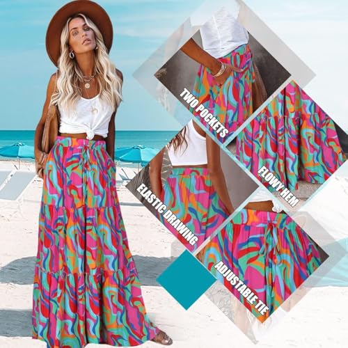 Trendy Lightweight Drawstring Tiered Ruffles Paisley Hippie Plus Size Bohemian Long Maxi Skirt with Deep Pockets Office Music Festival Travel Picnic Dating Fall Outfits Multicolor Abstract Wave M
