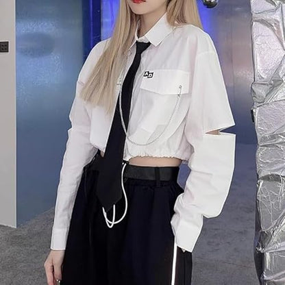 Women's Alt Emo Gothic Blouse Button Down Shirt Aesthetic Japanese Harajuku Streetwear Techwear Preppy Clothes (White,Small)