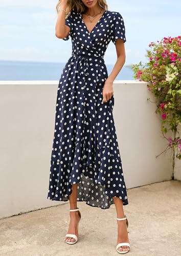 PRETTYGARDEN Women's Boho Floral Maxi Dress Summer Short Sleeve Wrap V Neck Long Flowy Beach Vacation Wedding Guest Dresses (Dot Navy White,Large)