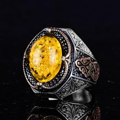 KAMBO Created Stone Ring, Elegant Handmade 925K Sterling Silver Men's Ring, (Honey Amber Created)