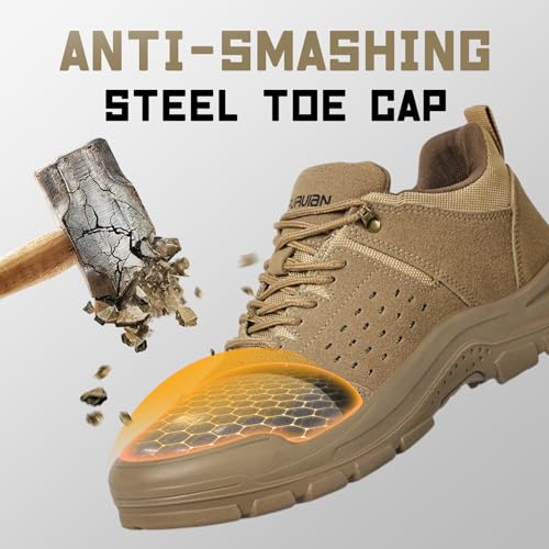 Furuian Steel Toe Shoes for Men Comfortable Lightweight Work Shoes for Men Low Top Steel Toe Safety Puncture Proof Slip Resistant Construction Shoe Brown