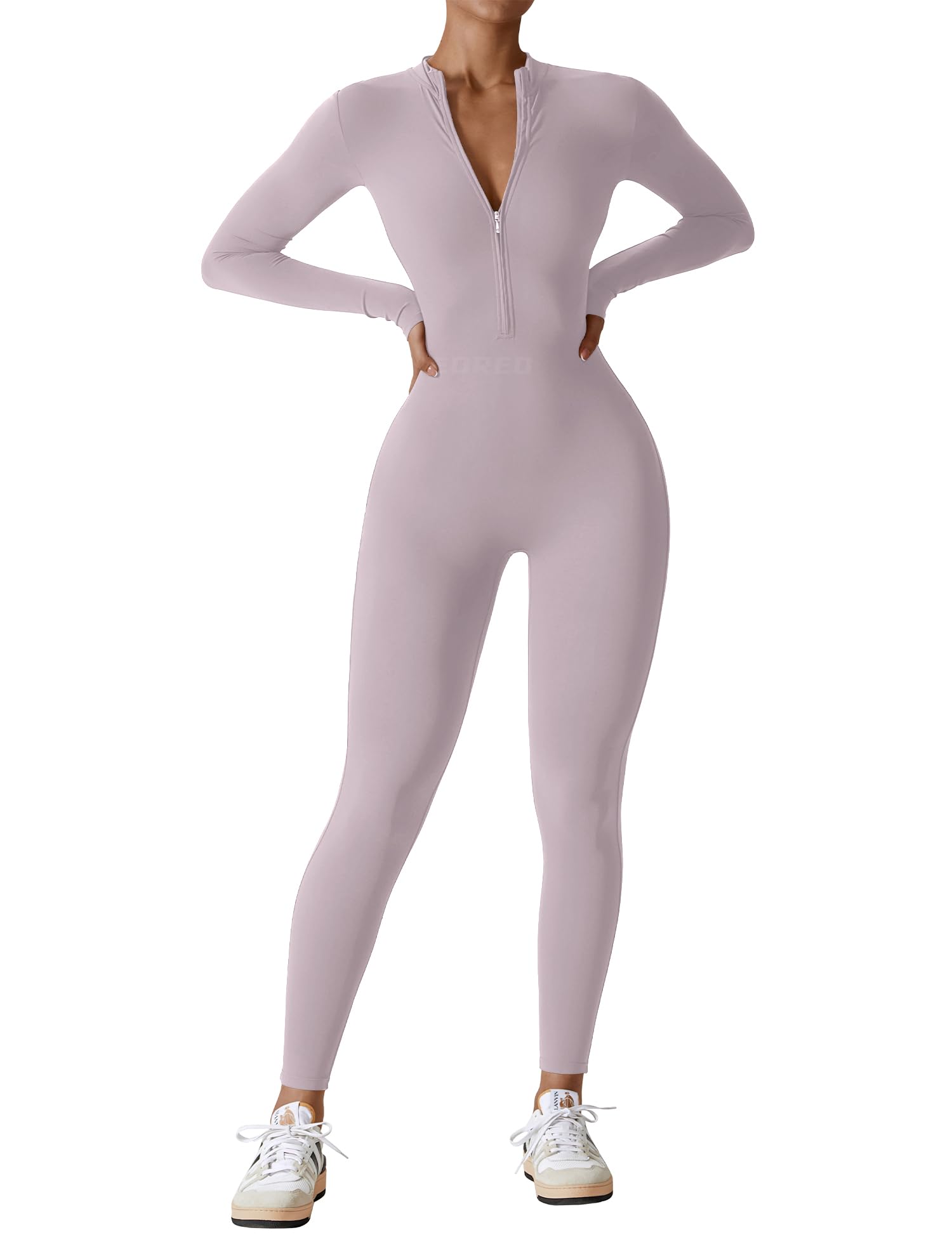 Women's Long Sleeve Workout Jumpsuit - Zip Up Bodycon Romper One Piece