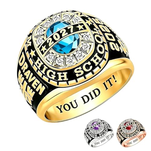 PhaedraOona Class Rings 925 Sterling Silver Personalized Men's Class Ring - Custom Graduation Ring - Perfect High School Graduation Gift for 2026 (Gem Halo-Gold)