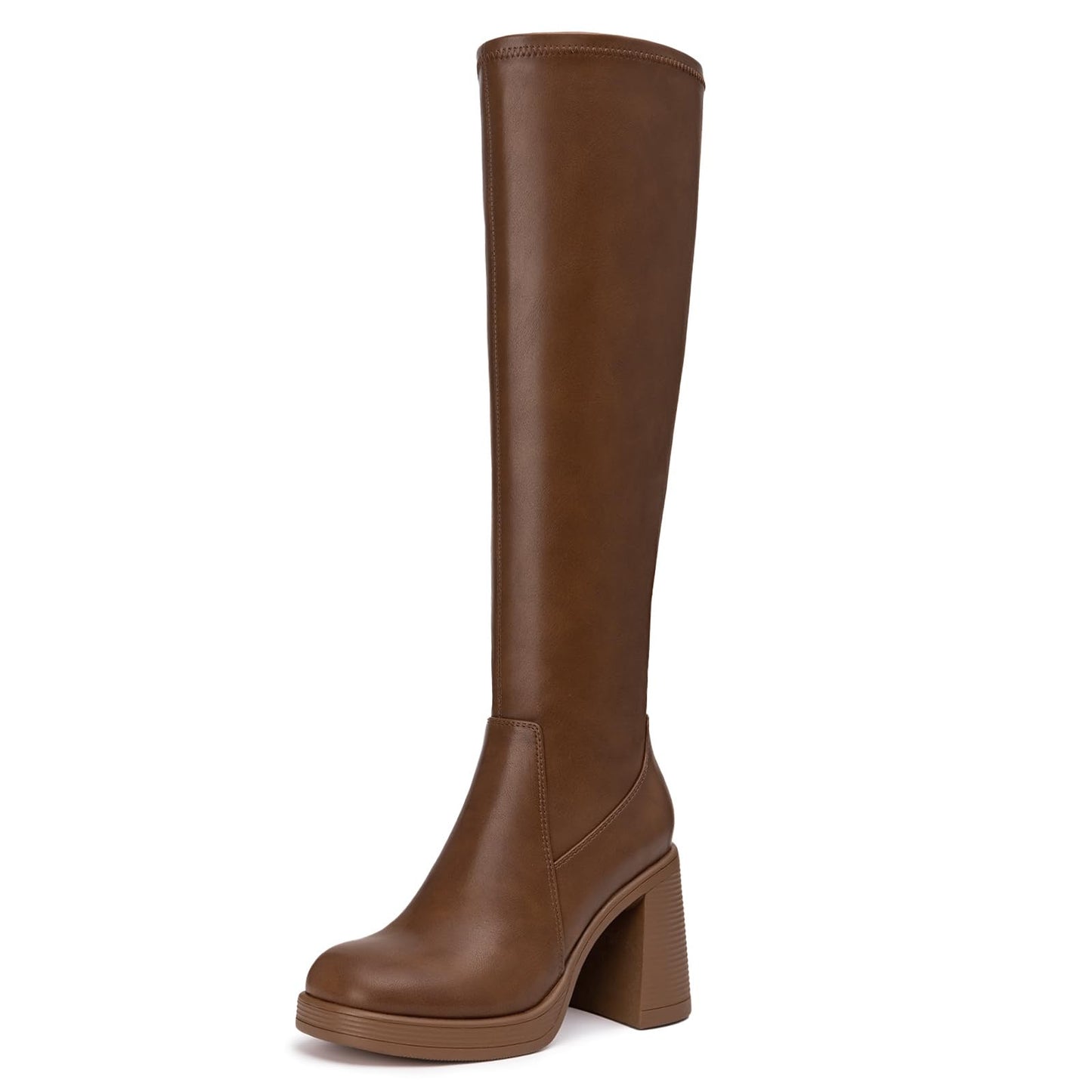 Athlefit Knee High Boots Women Chunky Platform High Heel Tall Boots Square Toe Fashion Dress Stretch Long Heeled Booties Tan Size 7.5